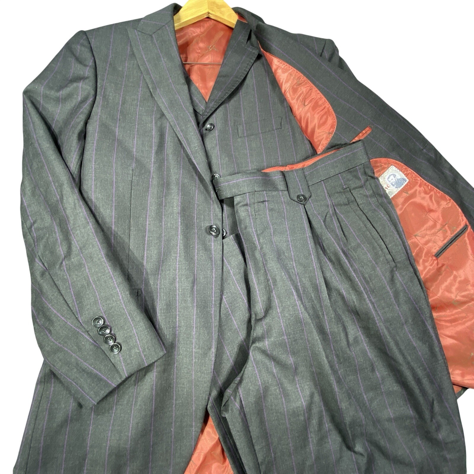 Tiglio Rosso 3 Piece Suit 36l Striped 150s Wool Blazer Vest Pleat Pants Italy